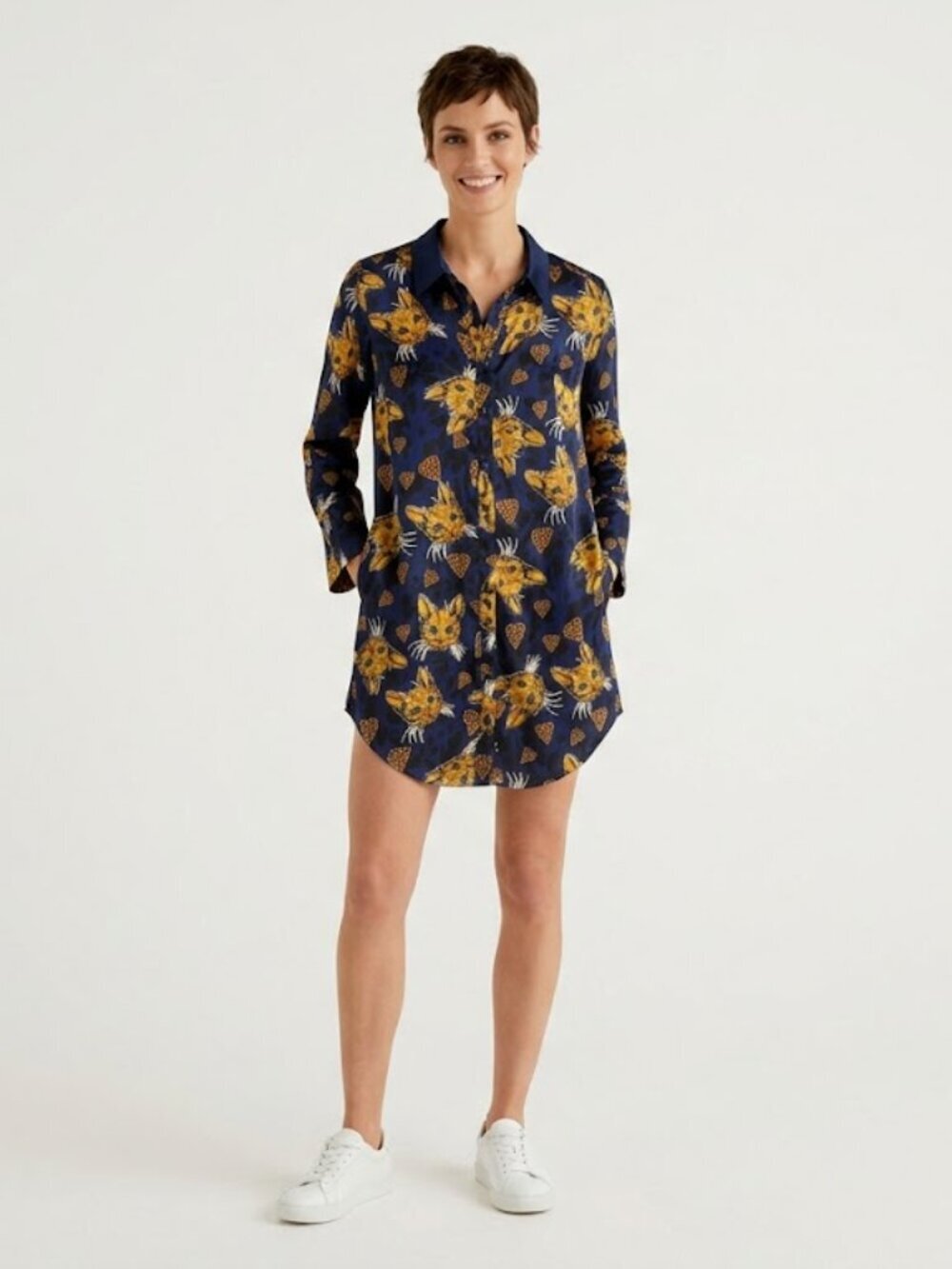 Quirky Navy Cat & Leopard Heart Print Silk Blend Button Down Tunic Dress L